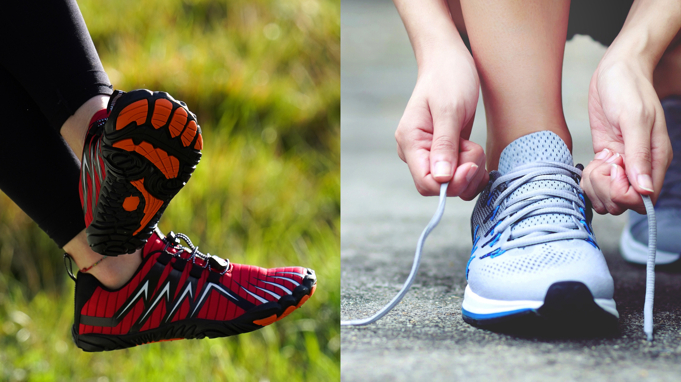 Comparison between barefoot shoes and traditional running shoes, highlighting natural foot movement vs cushioned support.
