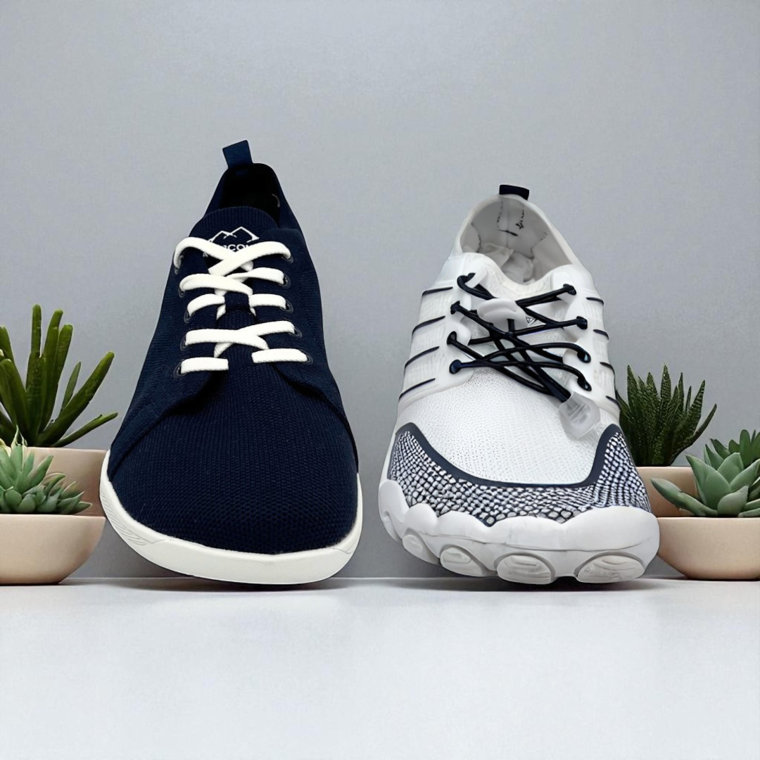blue barefoot shoes with white laces and white sole and white and blue shoe with blue laces next to each other in a studio with succulent plants in background