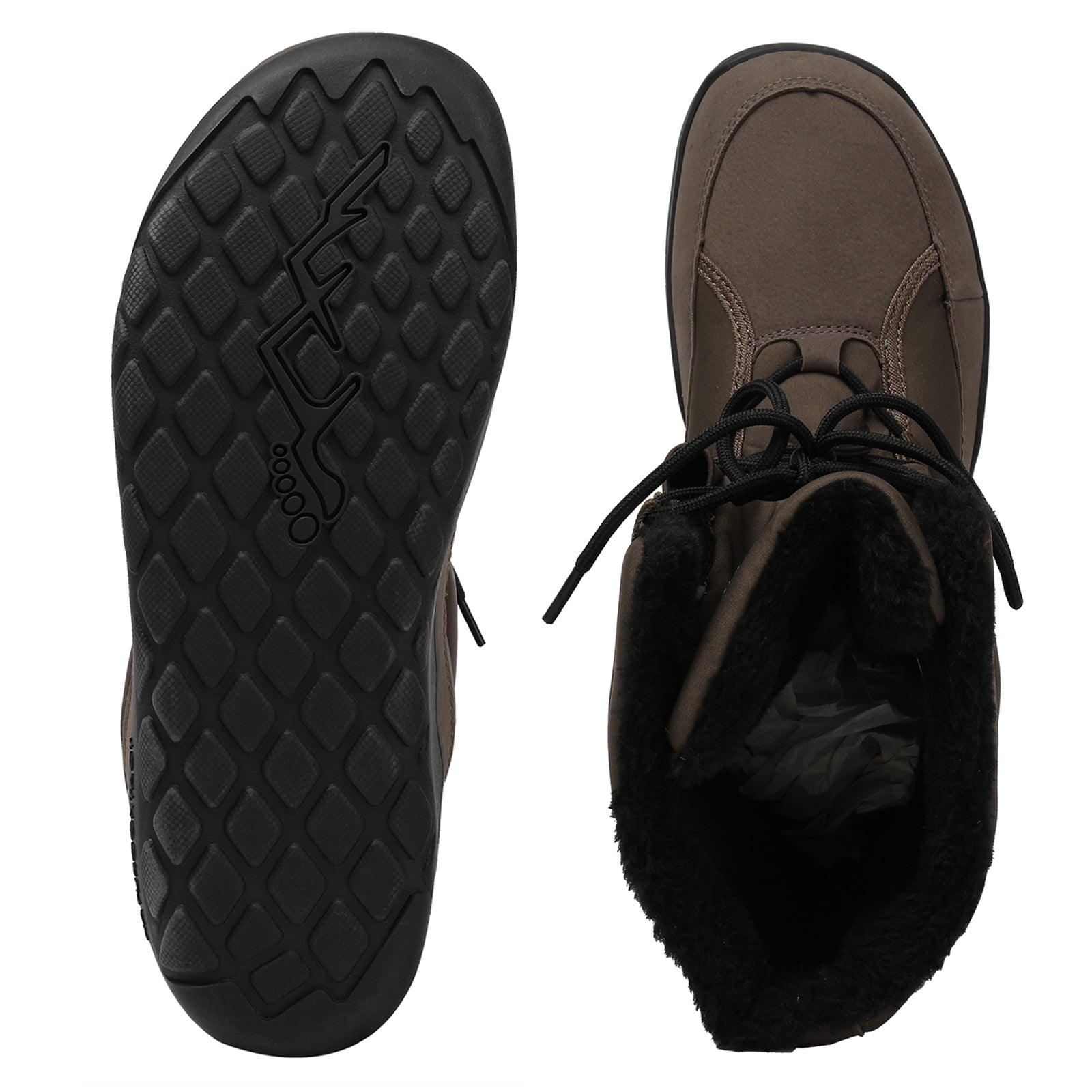 Brown winter boots with black fur lining on a white background