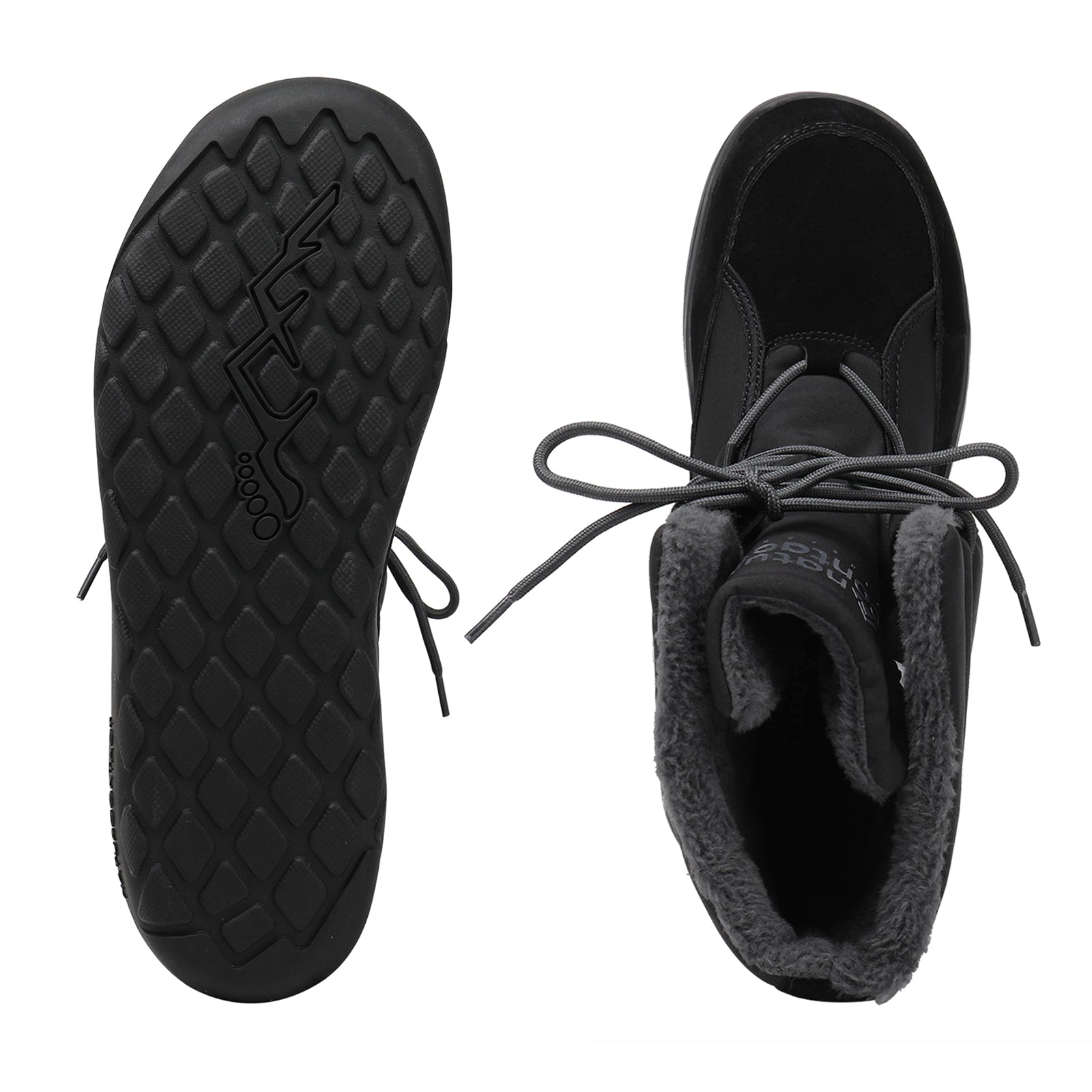 Black slip-on shoes with textured sole and fuzzy lining on a white background