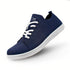 Navy blue barefoot shoes with white laces on a white background
