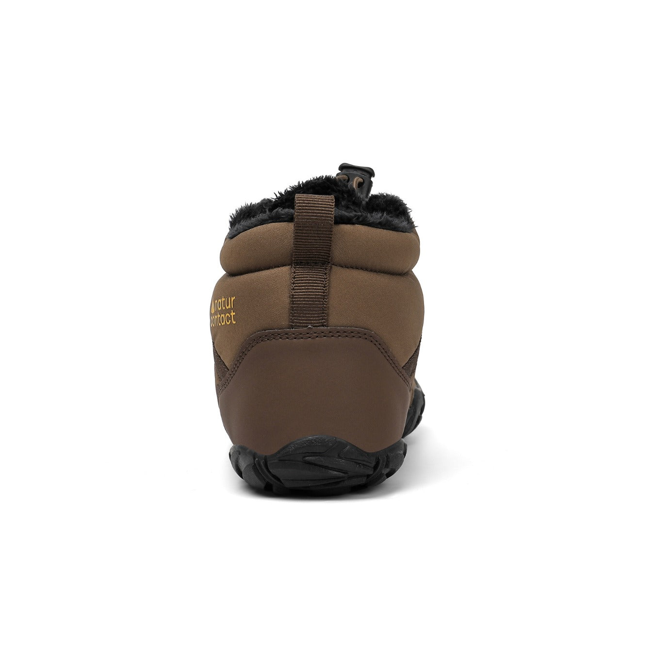 Brown slip-on shoe with black sole on a white background