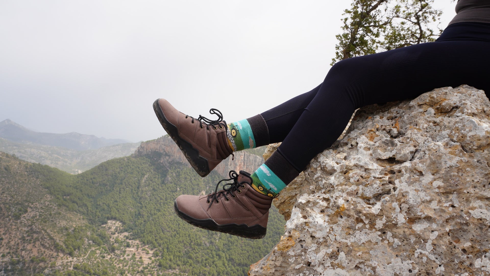 Person sitting on a rock with mountainous landscape in the background
