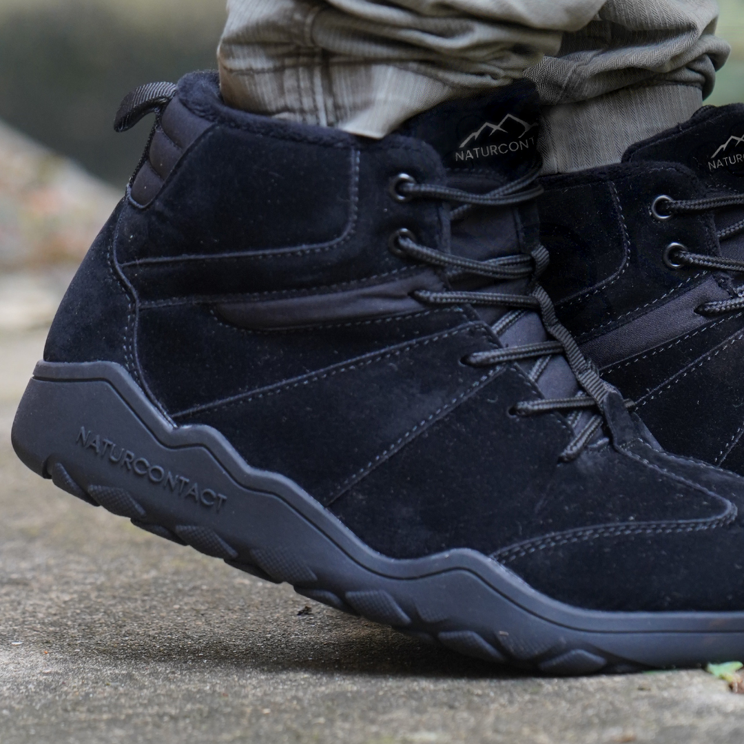barefoot shoes black suede leather detail side view