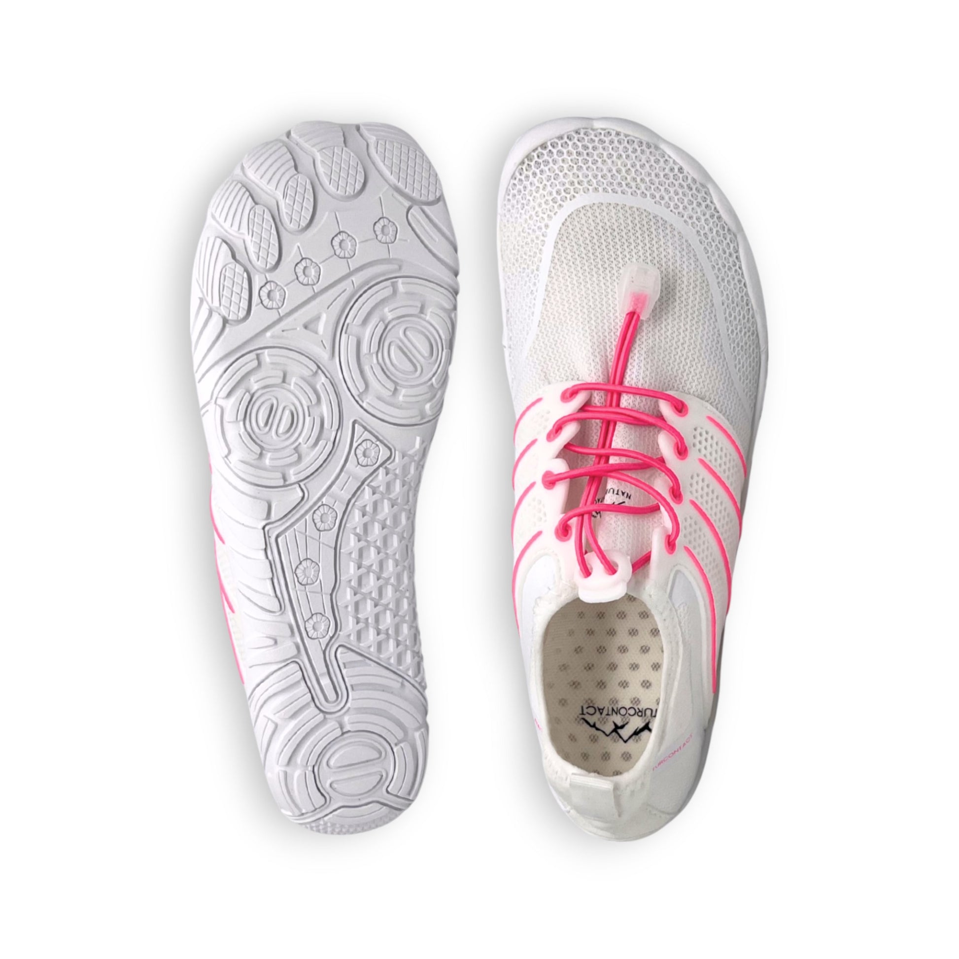 sport white pink summer barefoot shoes with white sole details top and bottom views