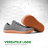 Gray sneakers with brown soles on a light gray background with text 'Versatile Look, Made for Everyday Comfort'.