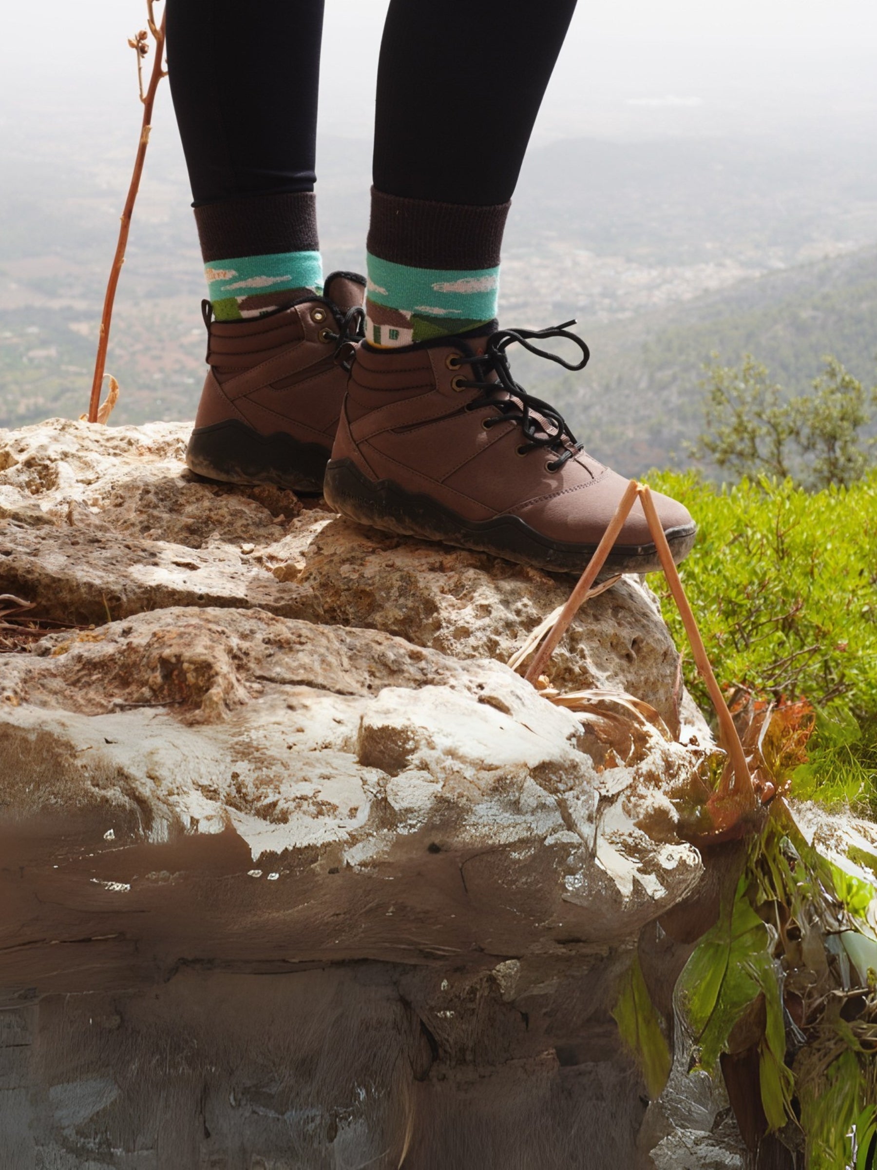 Person wearing brown hiking boots on a rocky outcrop with a scenic background
