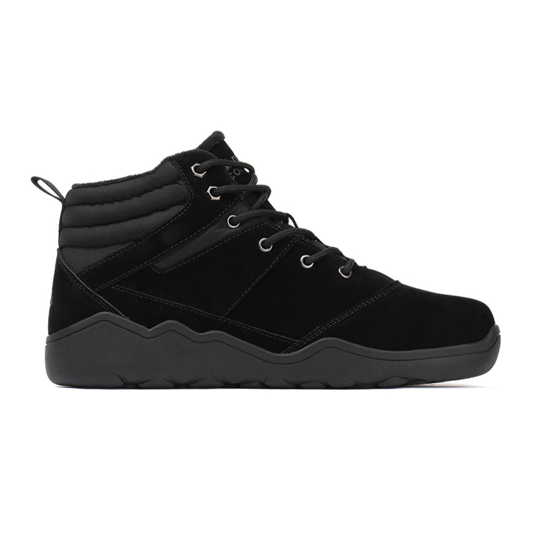 Black winter barefoot shoe with black laces on a white background. Right side view.