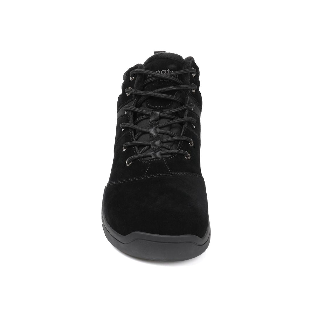 Black winter barefoot shoe with black laces on a white background, featuring 'Naturcontact' branding. front view.