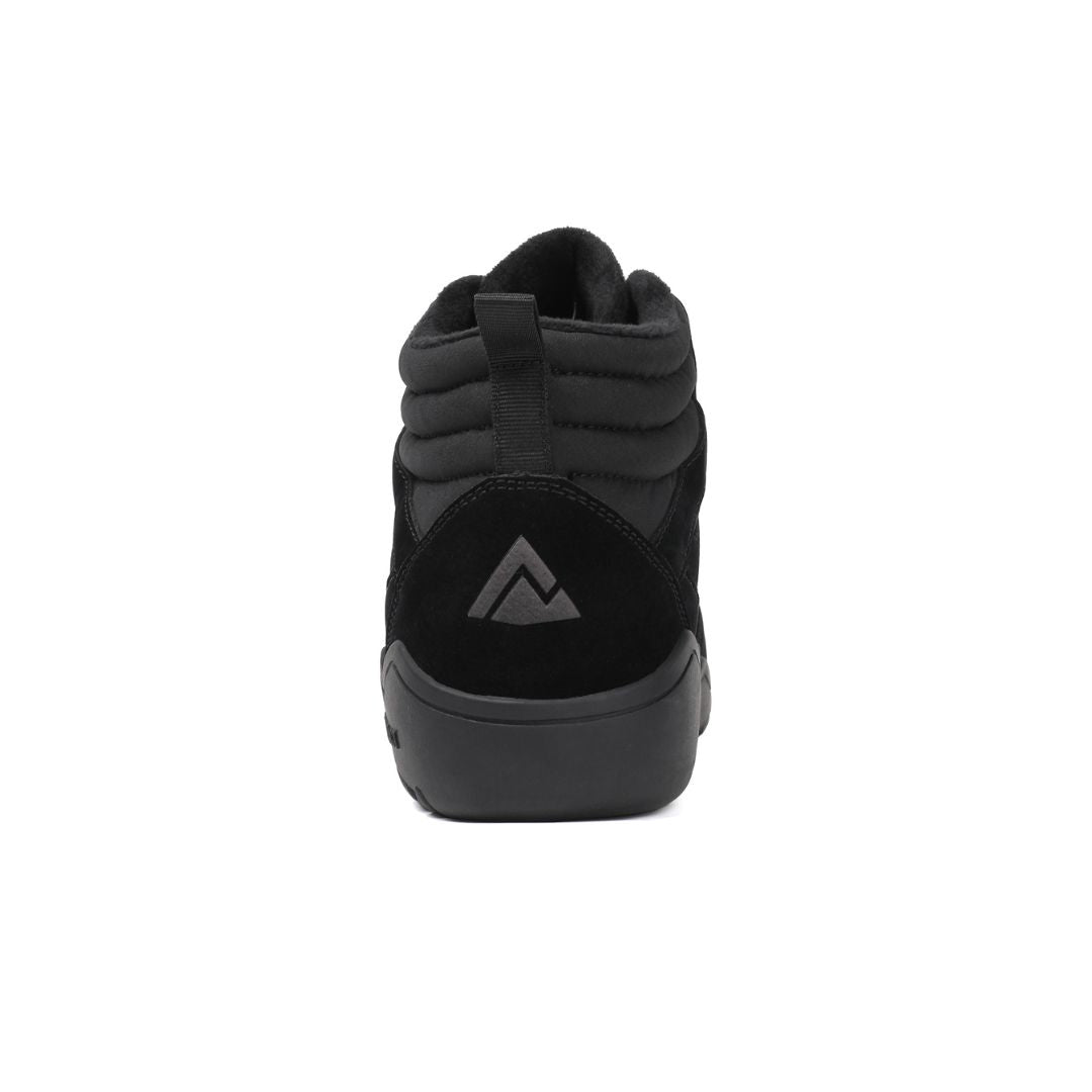 Black winter barefoot shoe with logo on a white background, rear view.