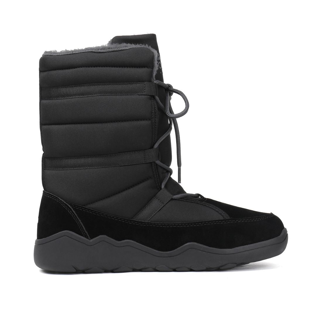 Black winter boot with thick padding on a white background
