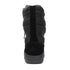 Black winter boot with a quilted design on a white background
