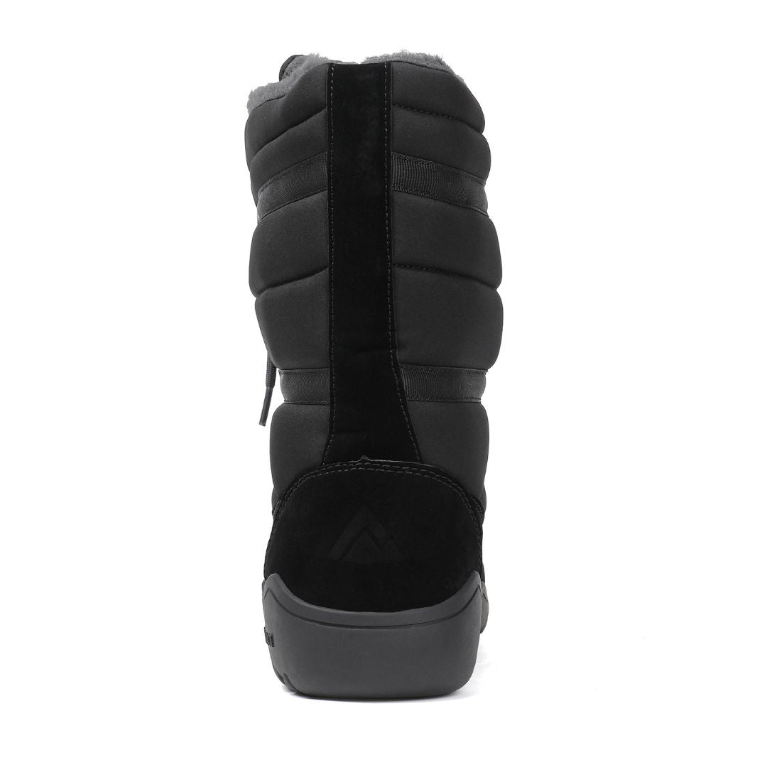 Black winter boot with a quilted design on a white background