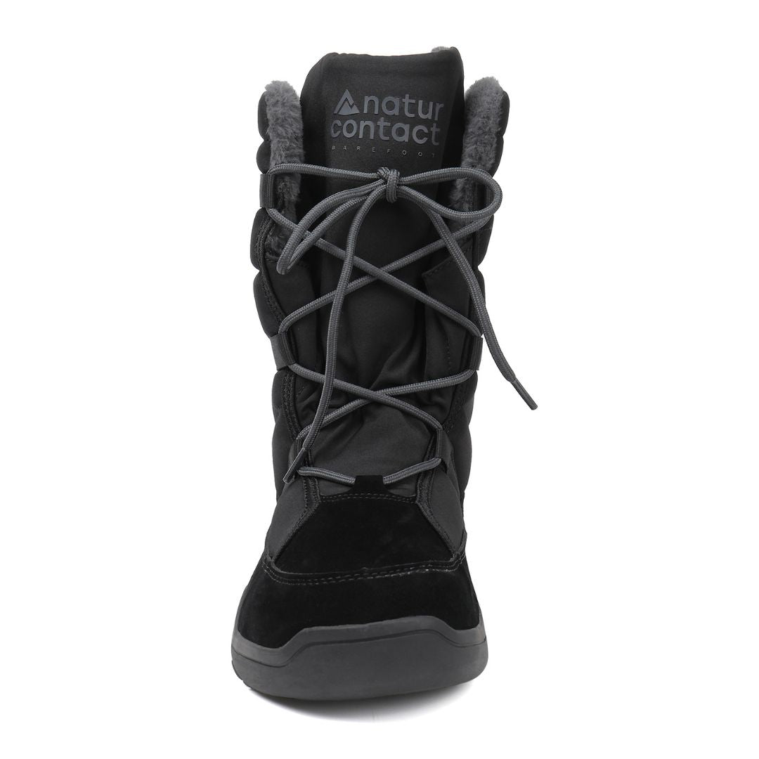 Black winter boot with lace-up design on a white background