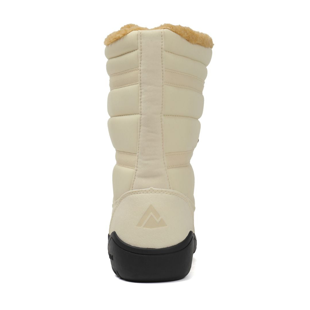 Beige winter boot with black sole on a white background