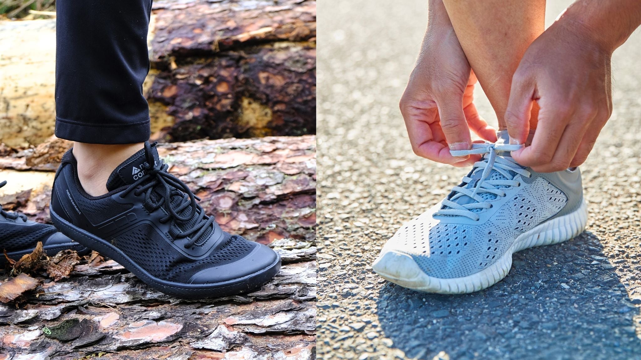 two shoes in comparison, left a black barefoot shoe in the nature, right a light blue trainer on asphalt