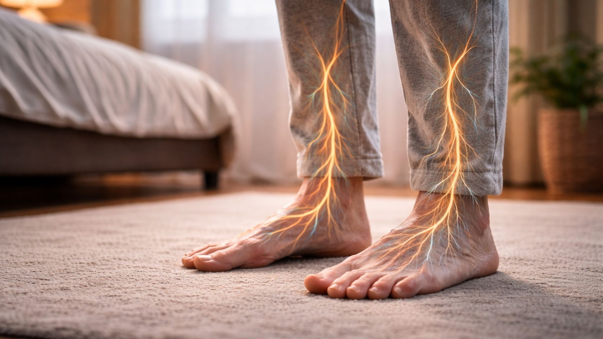Bare feet of an older person on a soft rug with subtle nerve pathways visible, representing neuropathy and whether barefoot shoes are good for neuropathy