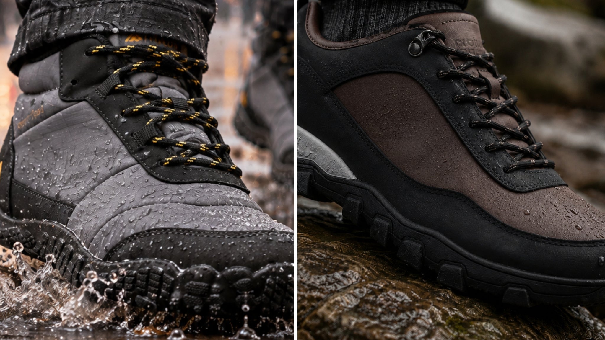Close-up comparison of Naturcontact waterproof and water-resistant barefoot shoes, showing water droplets, flexible soles and protective materials for wet weather.