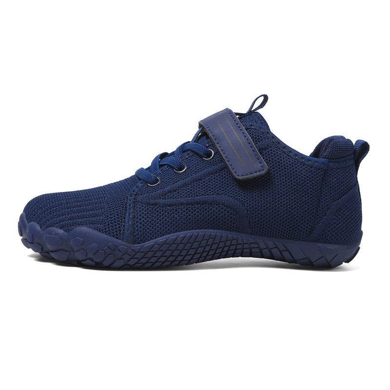 Blue barefoot sneaker for kids with a strap side view