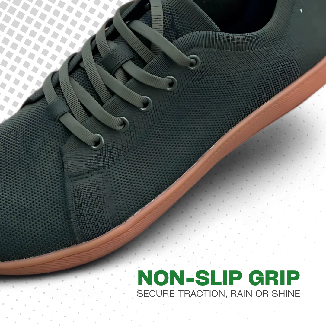 Green sneaker with brown sole on a white background, highlighting non-slip grip feature.