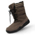 Brown winter boot with black sole on a white background