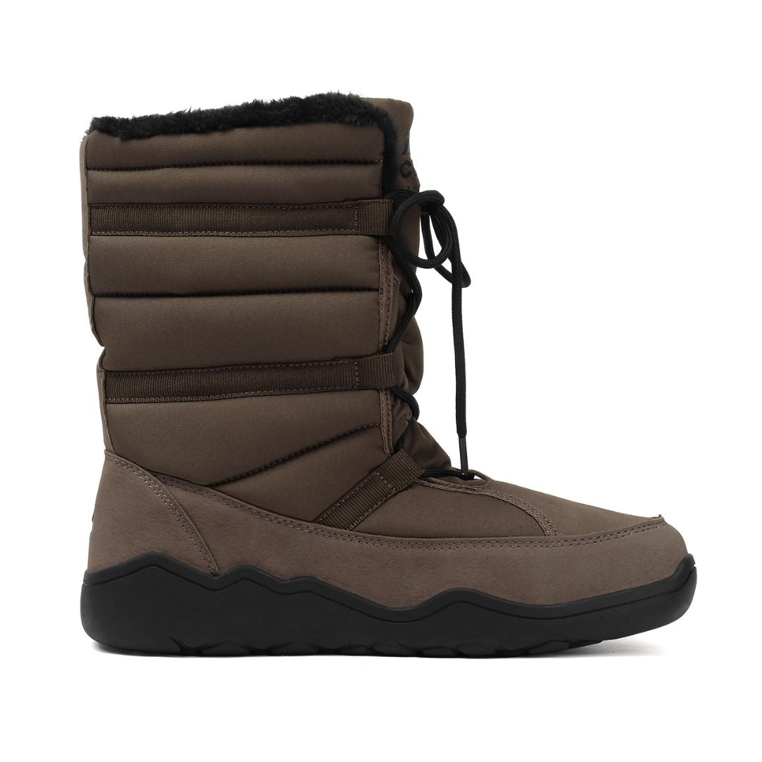 Brown winter boot with black laces on a white background