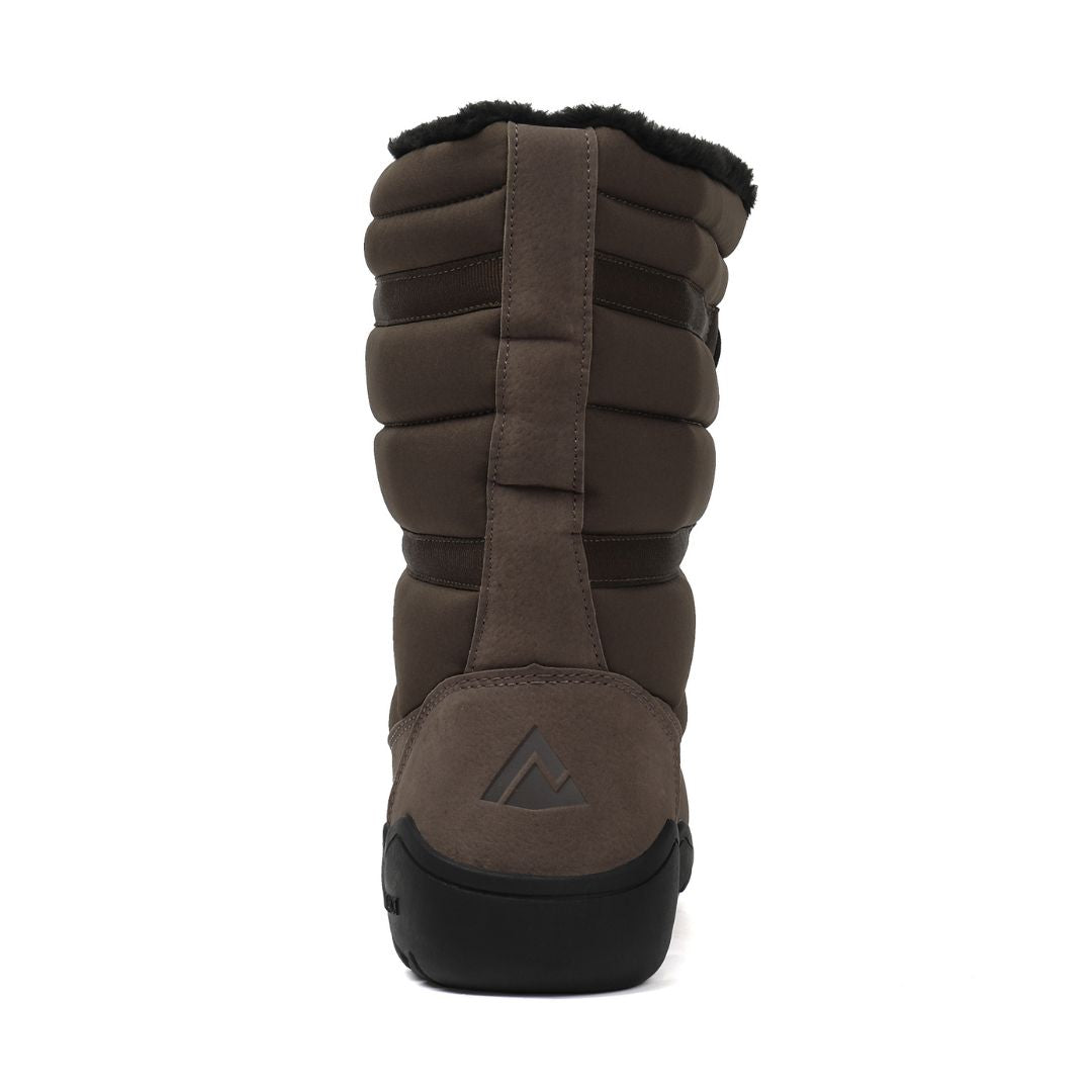Brown winter boot with a black sole on a white background