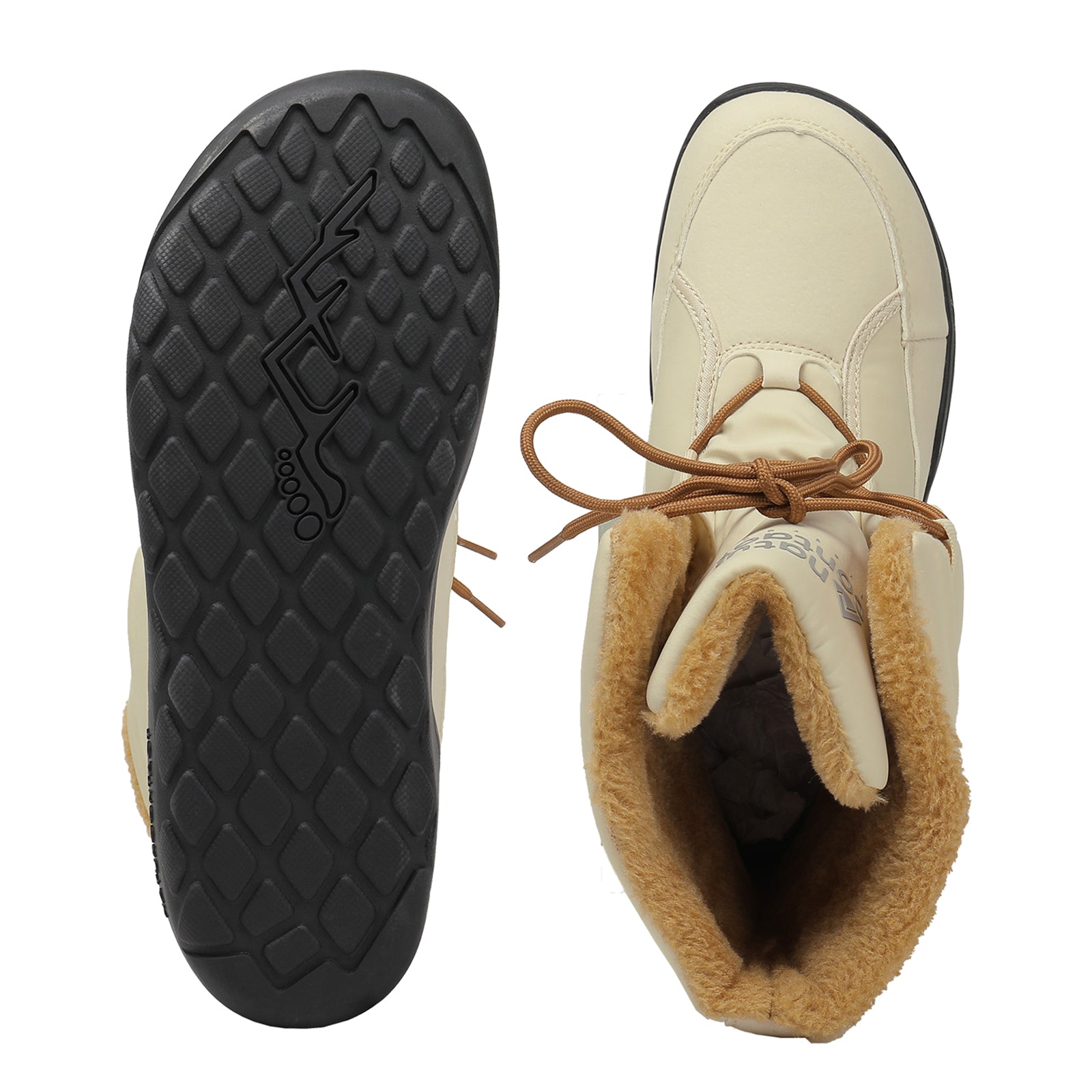 Beige winter boots with brown fur lining and black sole on a white background