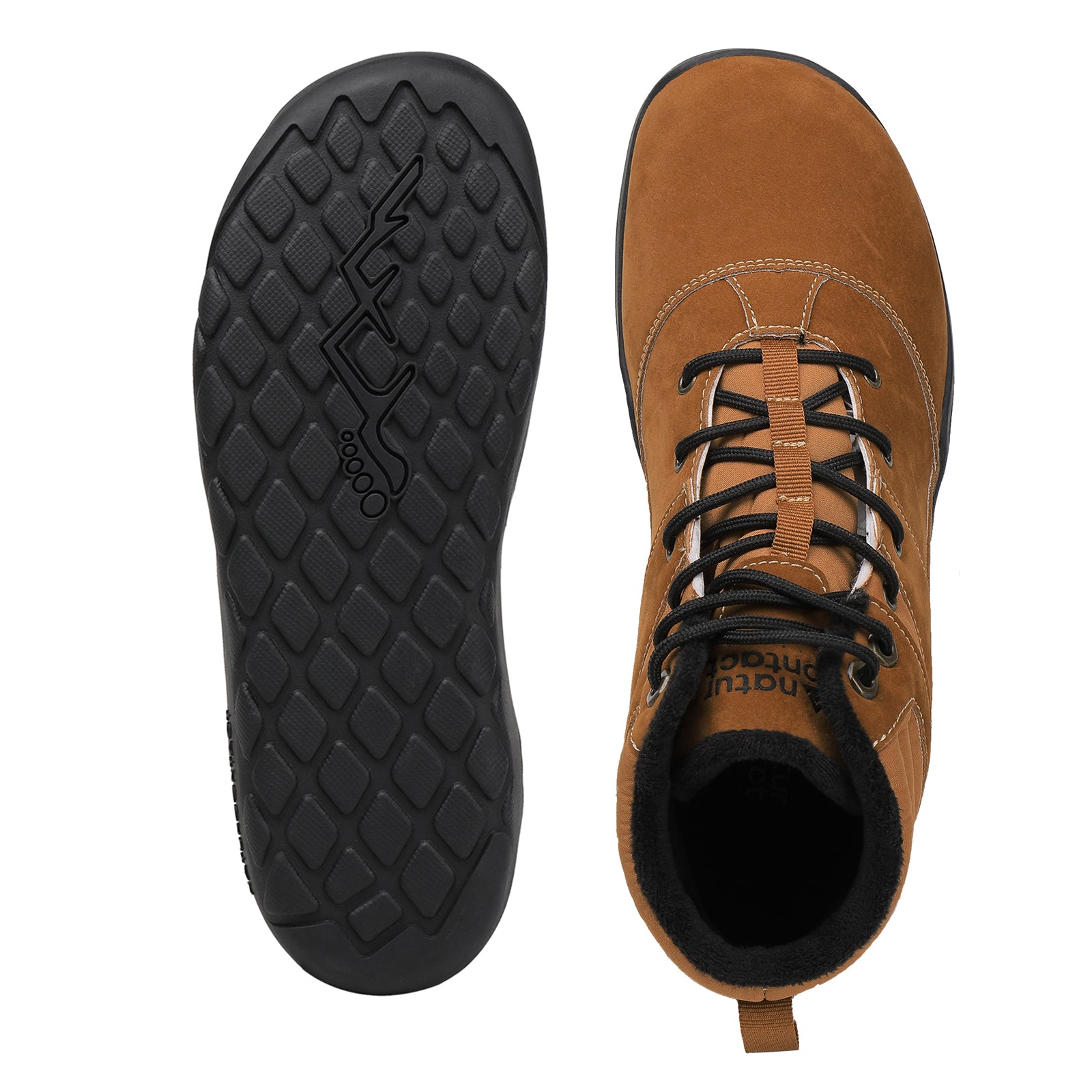 Brown hiking boot with black laces and sole showing brand logo on a white background