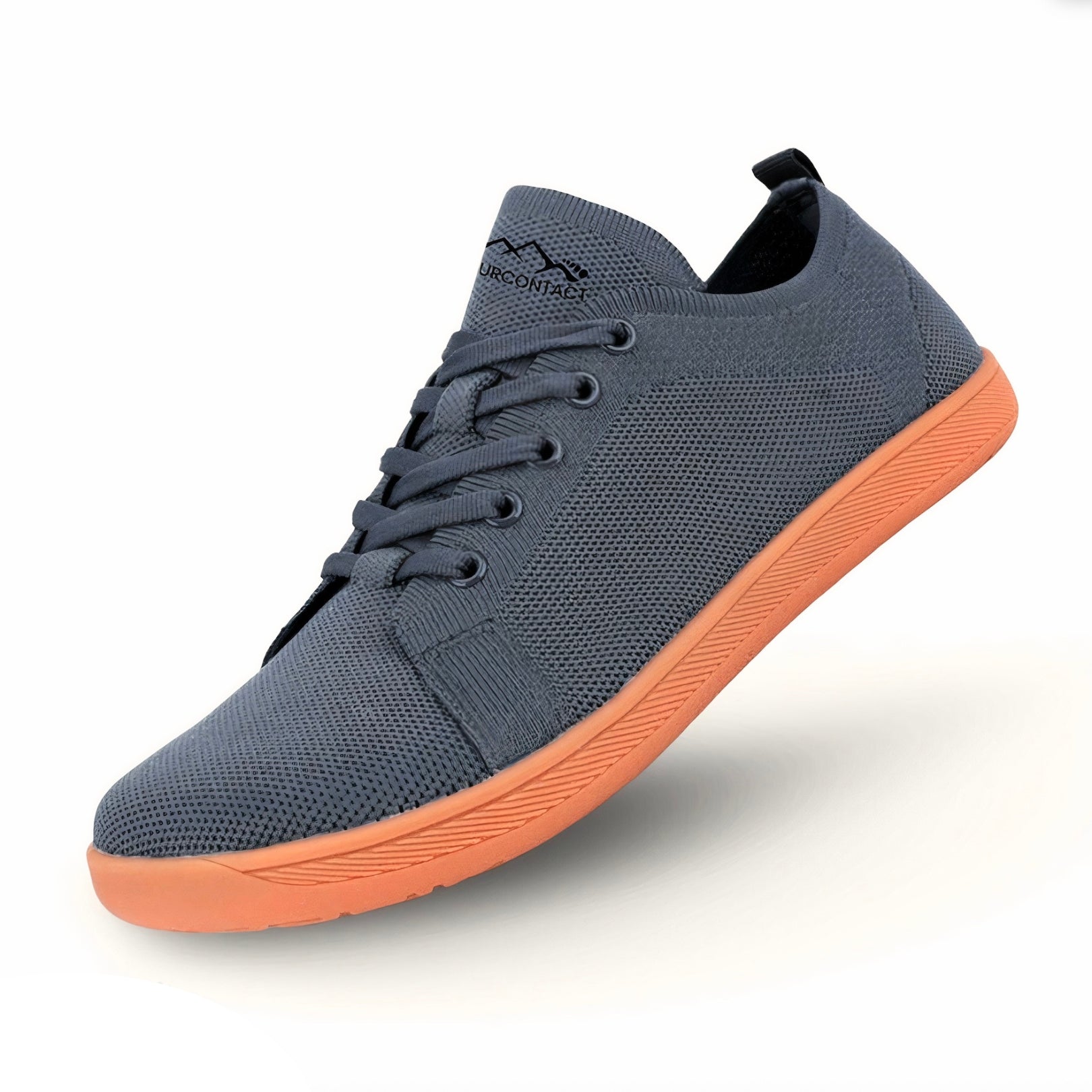 Anthracite barefoot shoes with orange sole on a white background