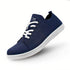 Navy blue barefoot shoes with white laces on a white background