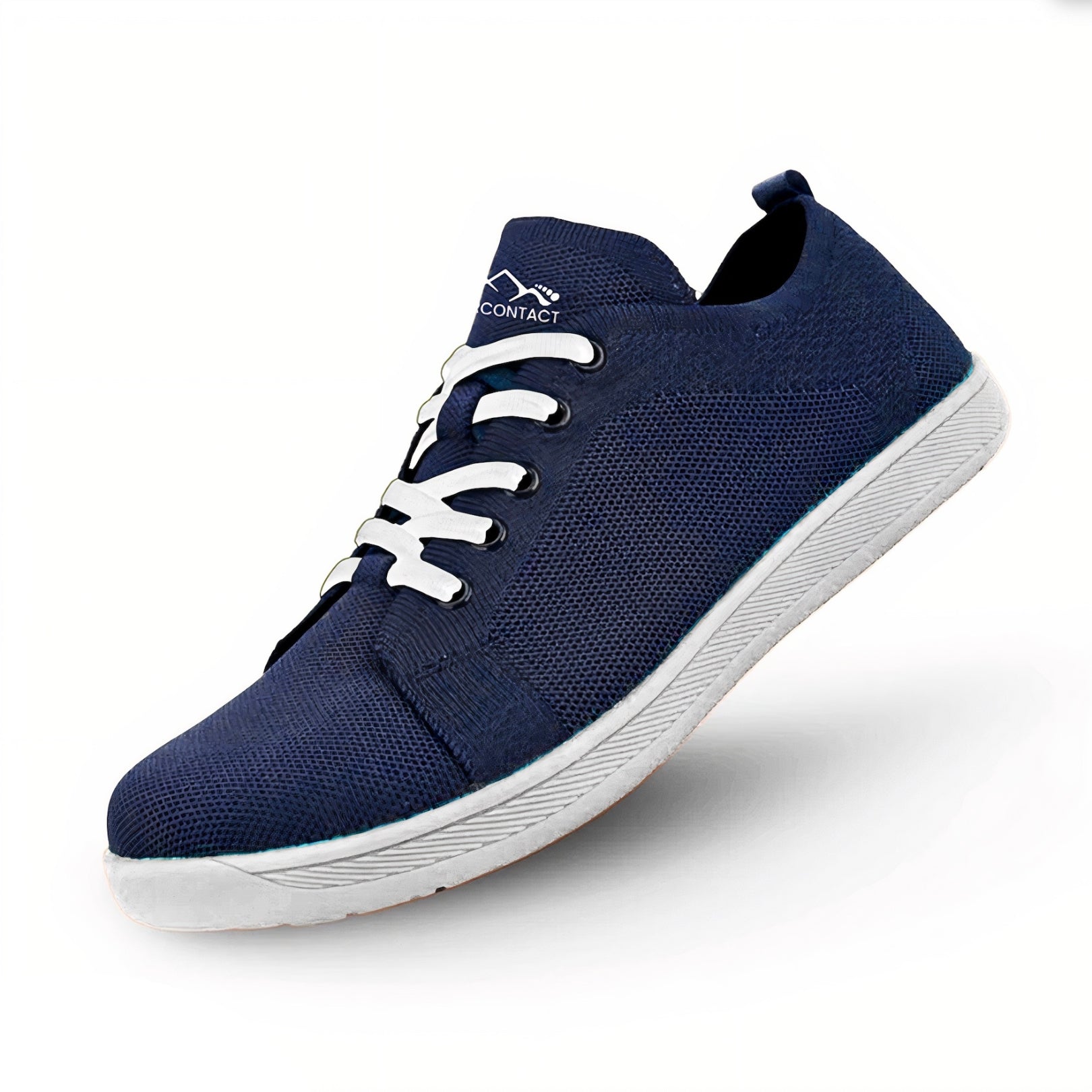 Navy blue barefoot shoes with white laces on a white background