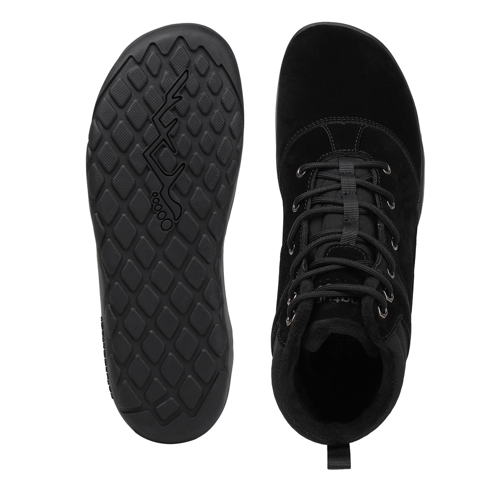 Black high-top sneakers with textured sole on a white background