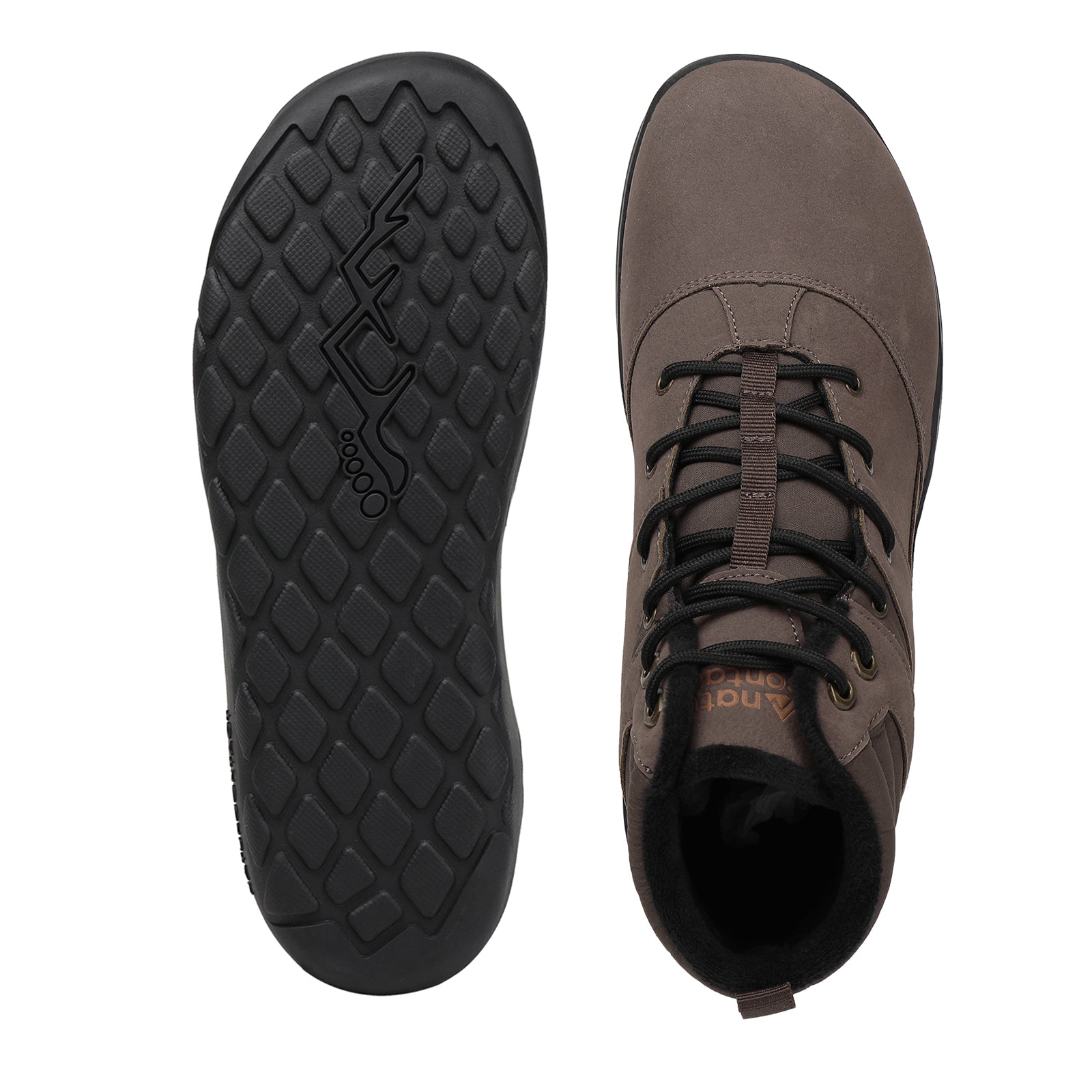 Brown leather boot with black laces on a white background