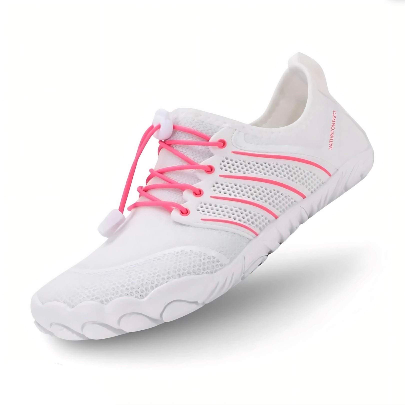 White athletic sport barefoot shoes with pink laces on a white background