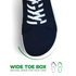 Navy sock with white laces on a light gray background, featuring text about wide toe box.