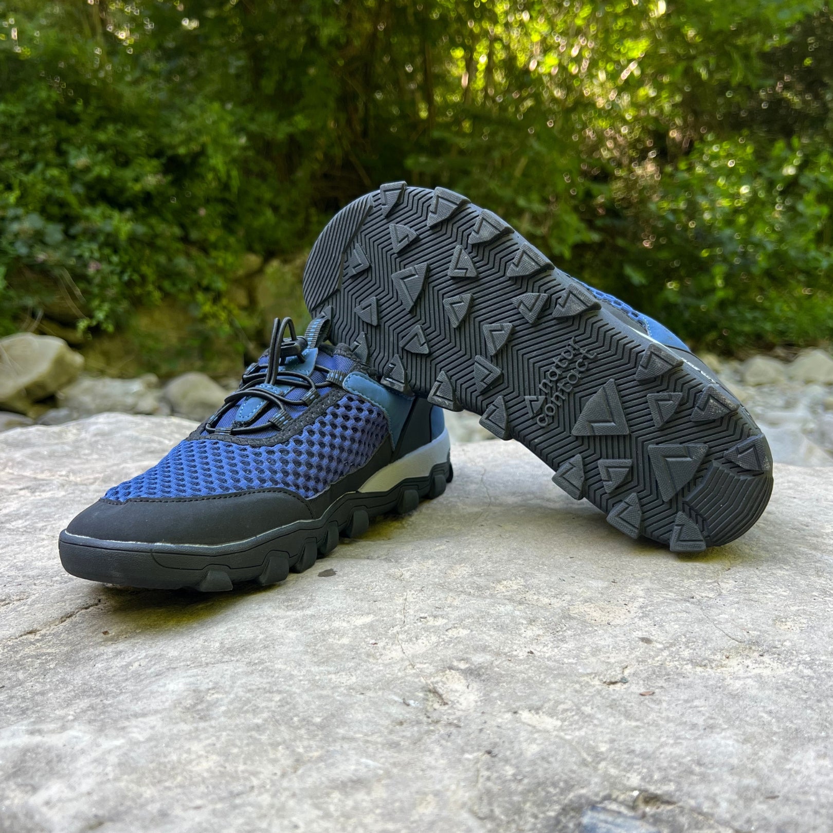 Blue and black hiking shoe on a rock with greenery in the background