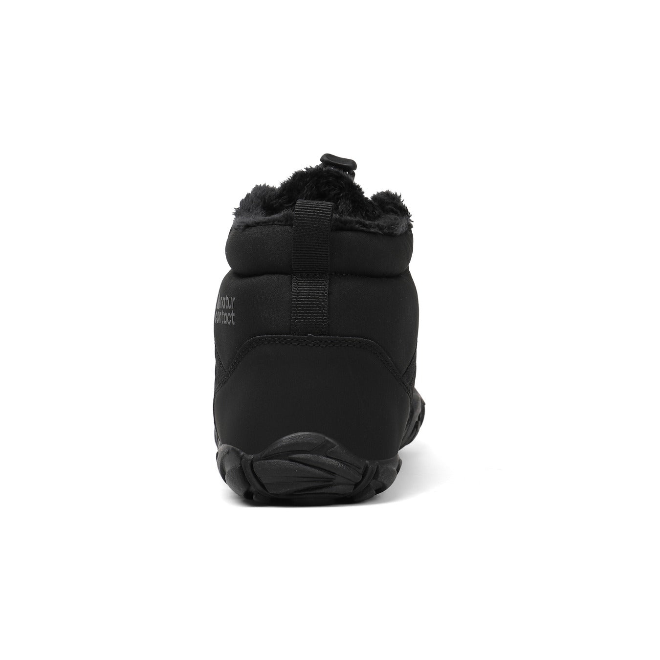 Black winter boot with fur lining on a white background