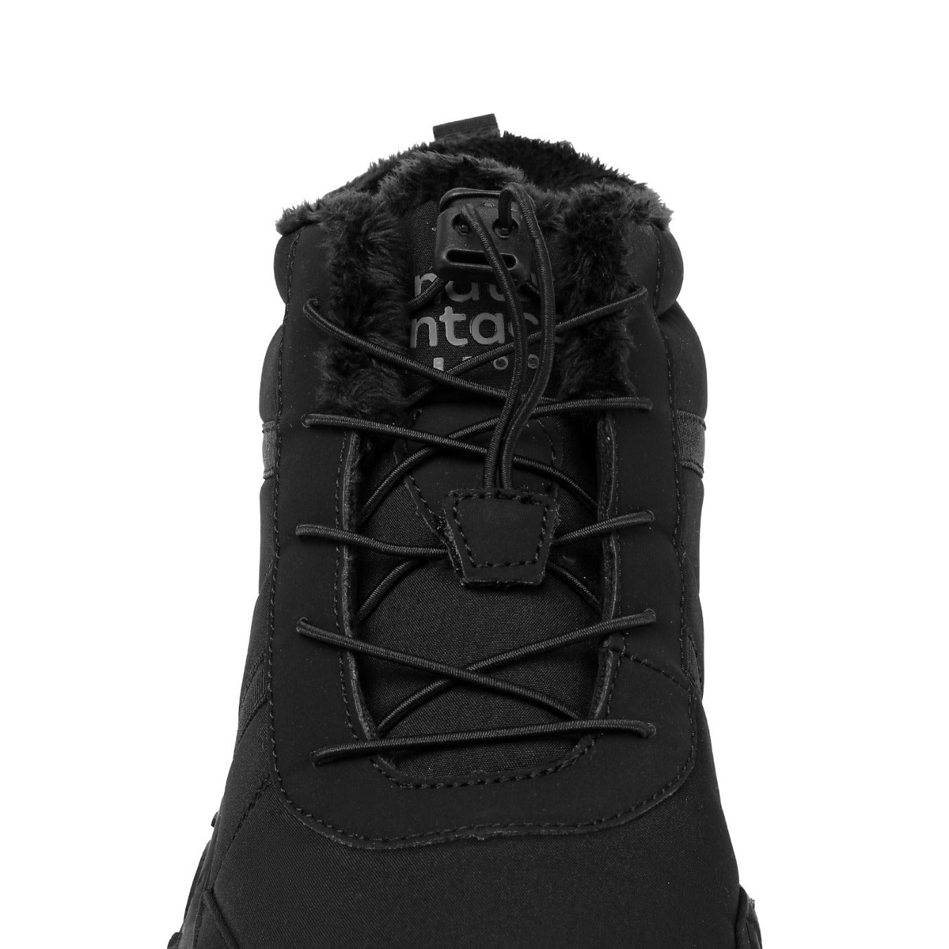 Black winter boot with fur lining on a white background