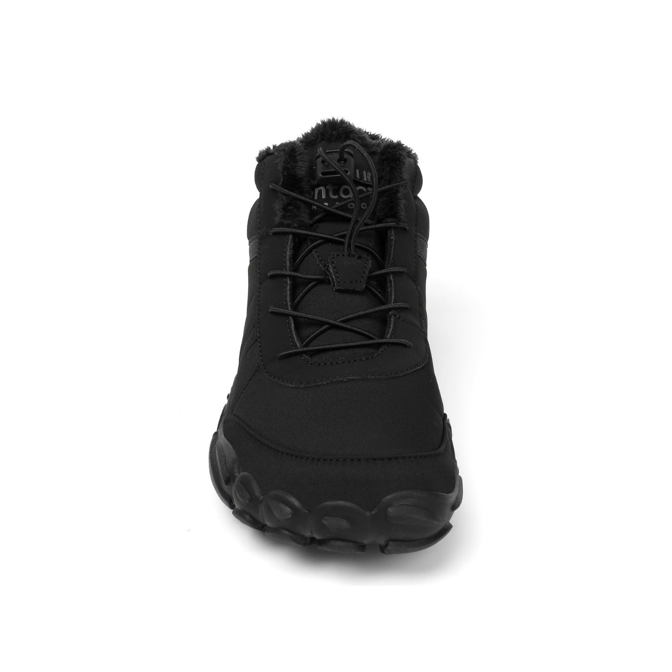 Black winter boot with fur lining on a white background
