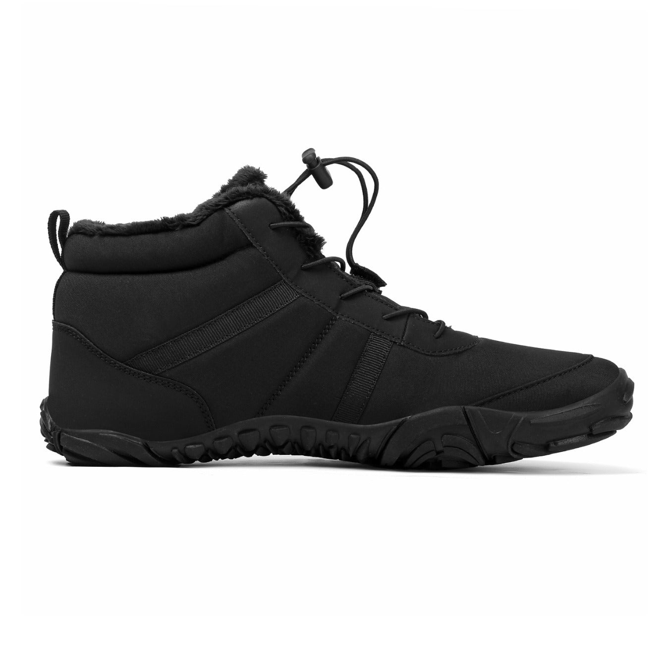 Black high-top sneaker with fur lining on a white background