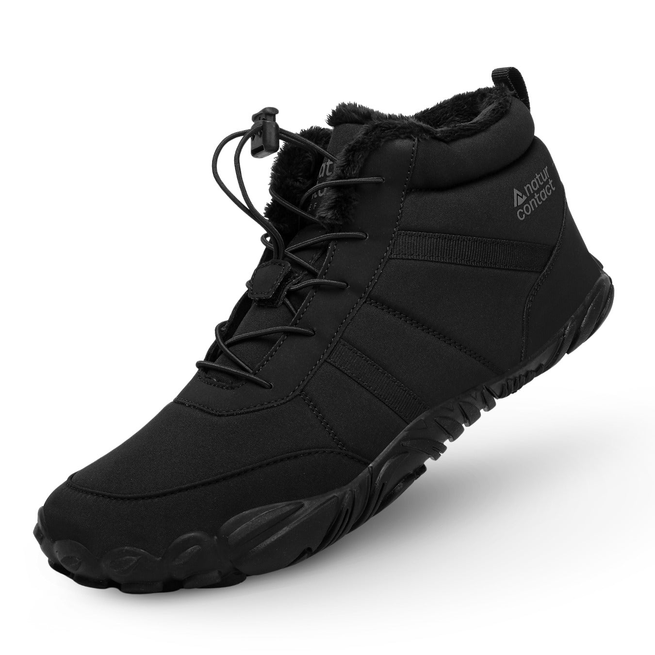 Black winter boot with fur lining on a white background