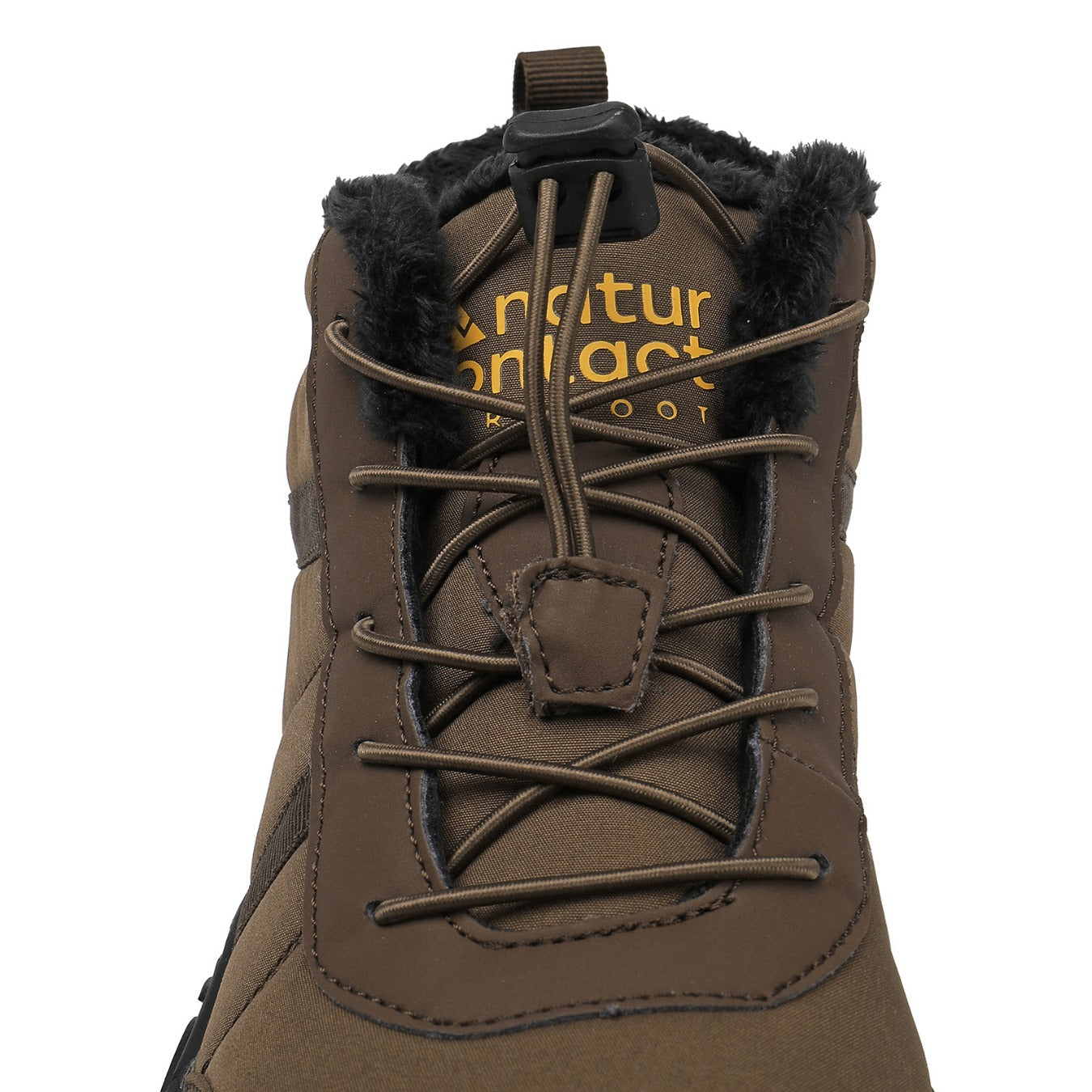 Brown winter boot with fur lining and lace-up design on a white background