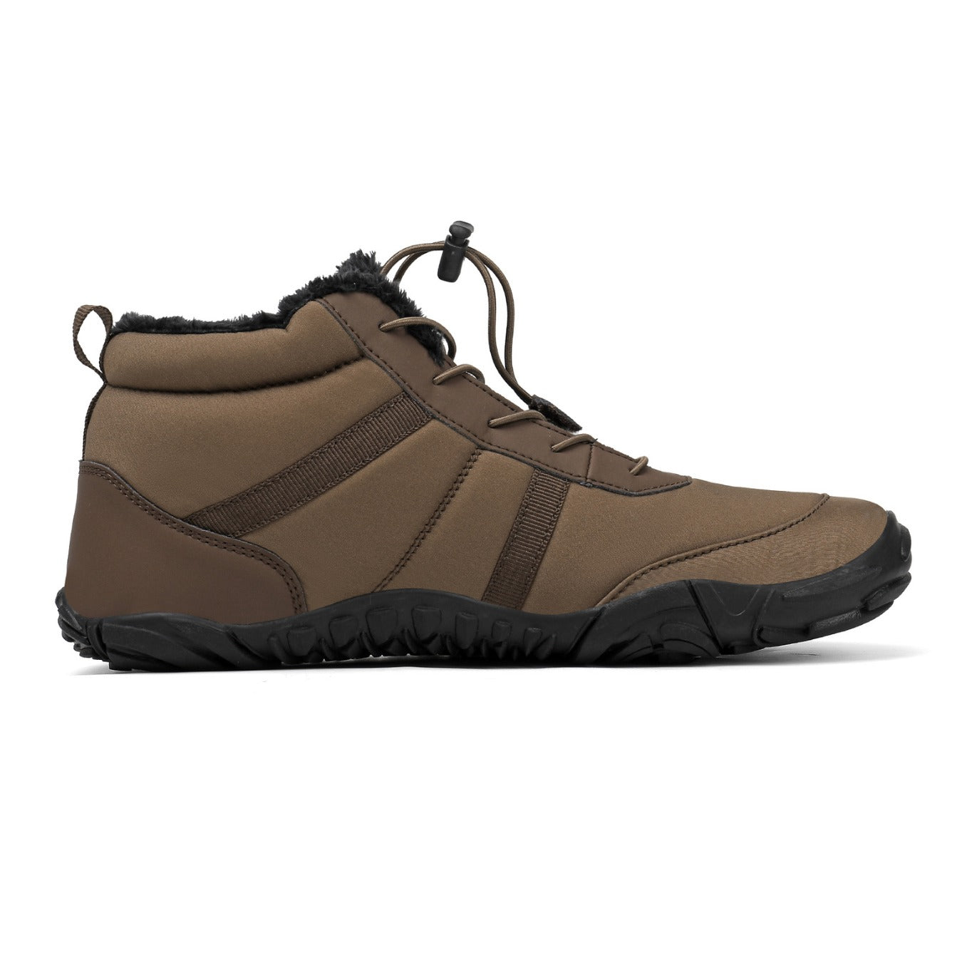 Brown winter boot with black sole on a white background