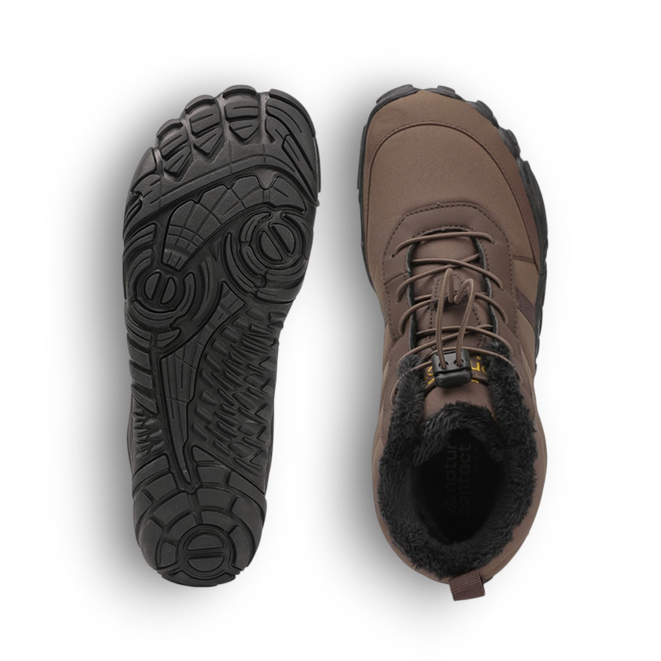 Brown hiking boot with black sole on a white background