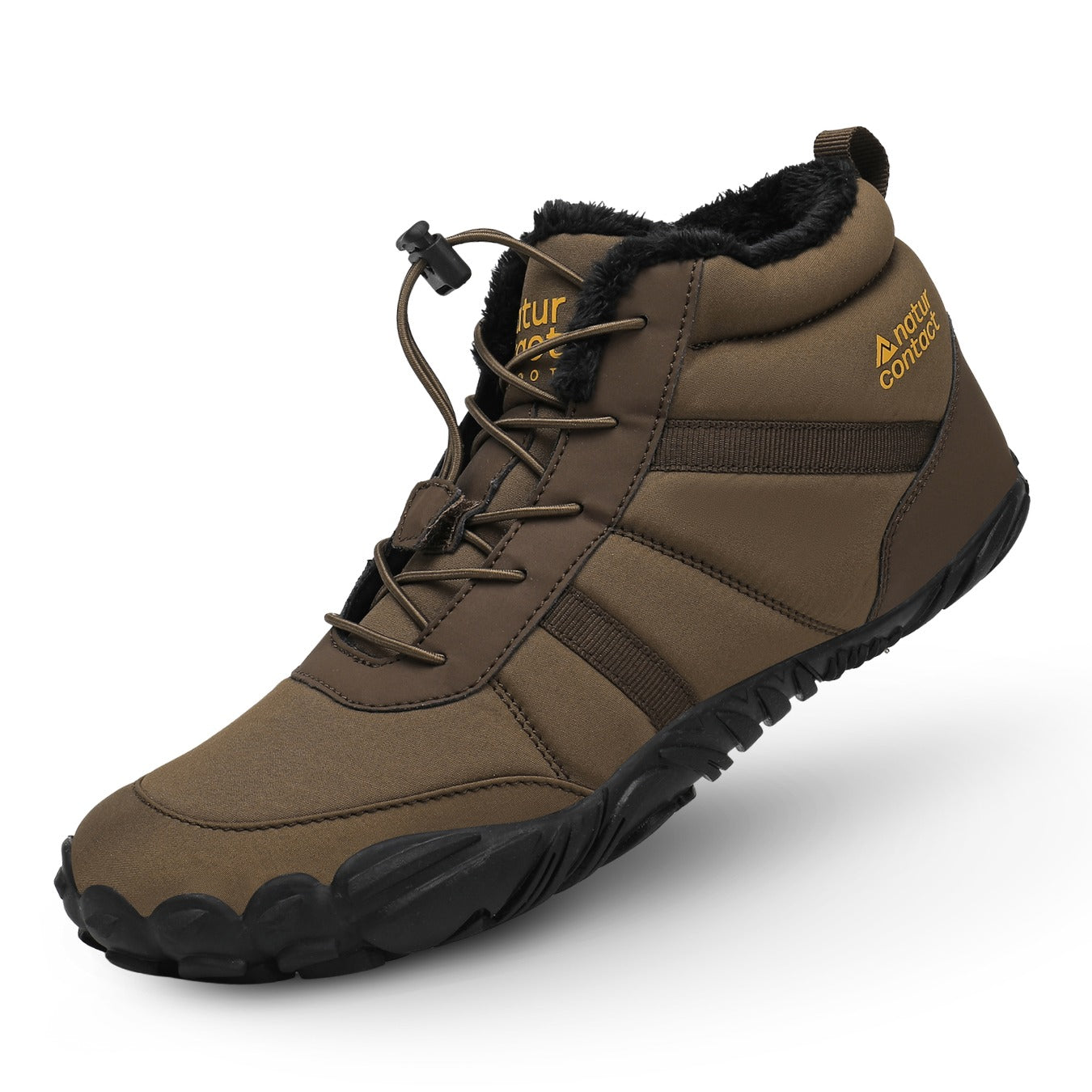 Brown winter boot with black sole on a white background