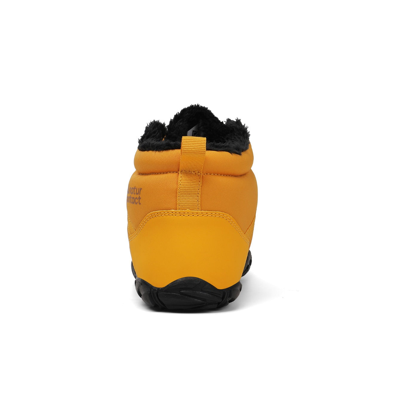 Yellow winter boot with black sole on a white background