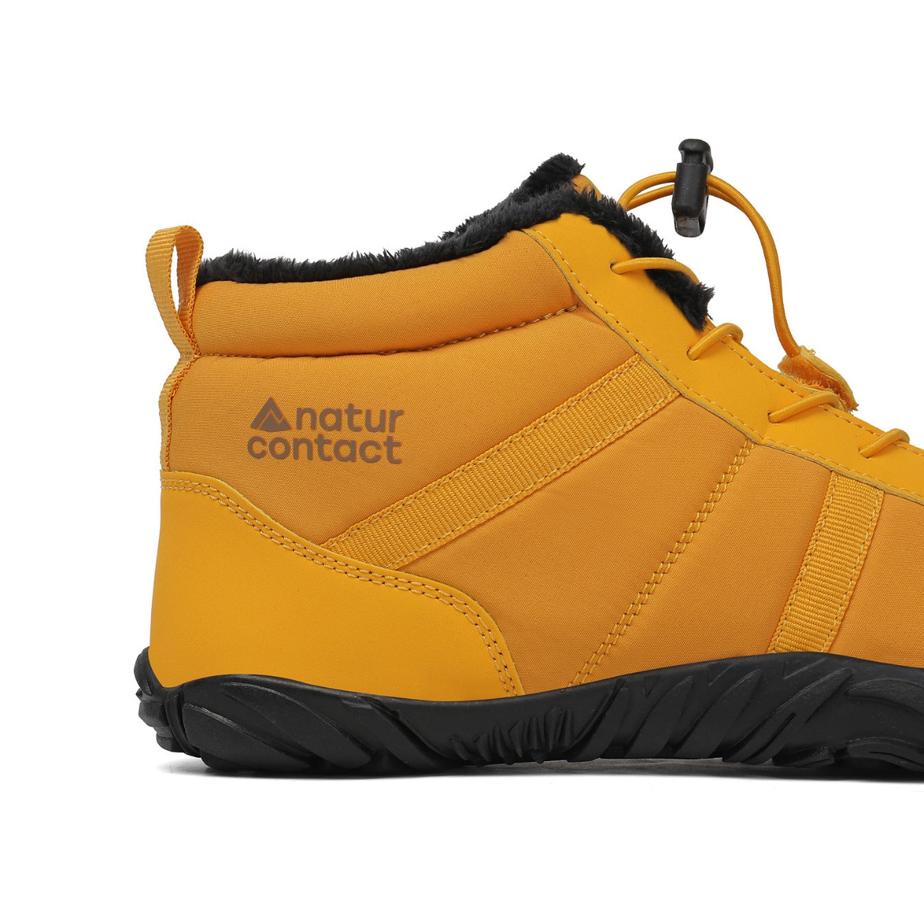 Yellow winter boot with black sole and fur lining on a white background, featuring the 'natur contact' brand.