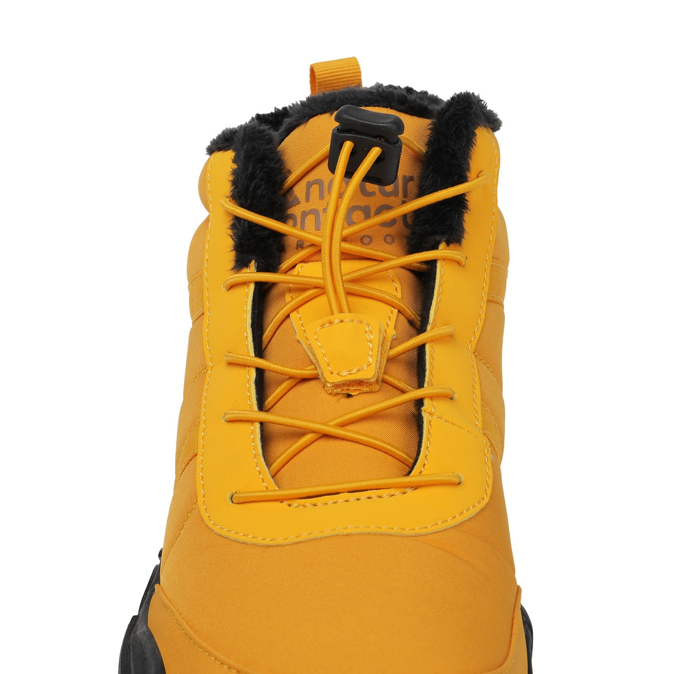 Yellow winter boot with black fur lining on a white background