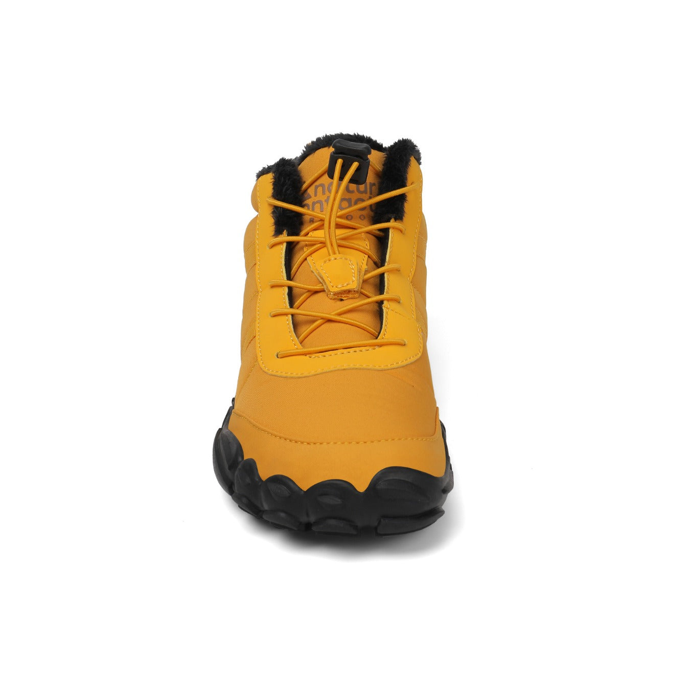 Yellow winter boot with black sole on a white background